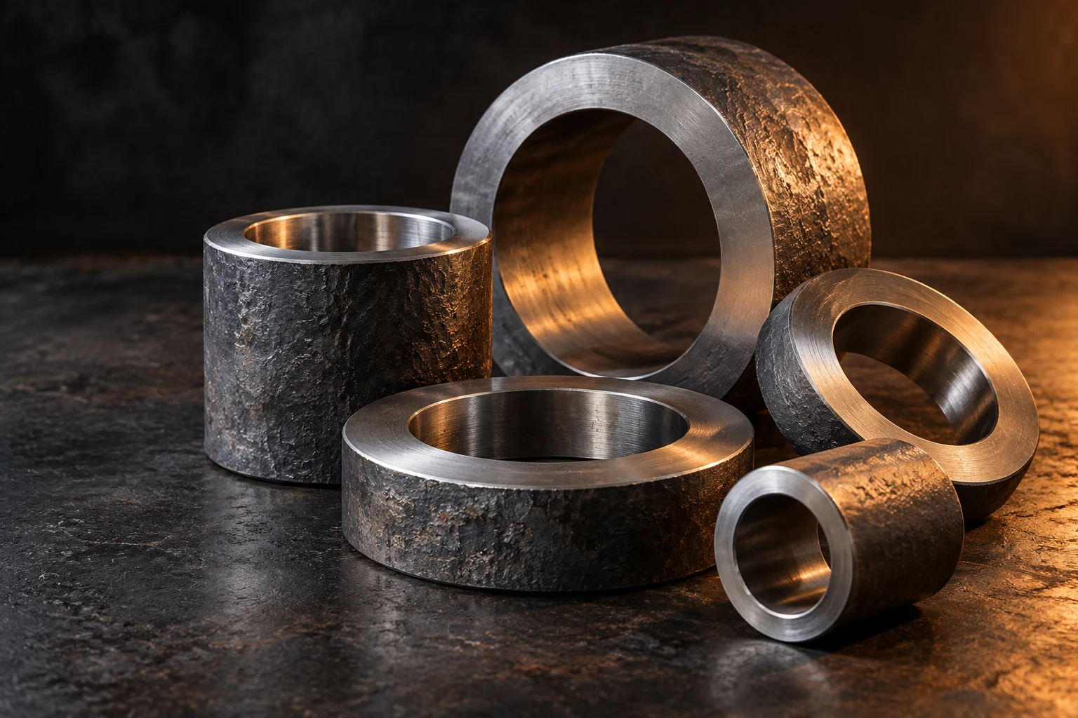 Illustrative steel rings and cylindrical forging blanks on a dark workbench